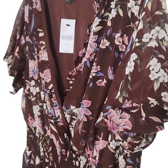 Lane Bryant Brown Floral Sleeve Flutter Bohemian Chiffon Maxi Dress Size 22/24W - Picture 11 of 13